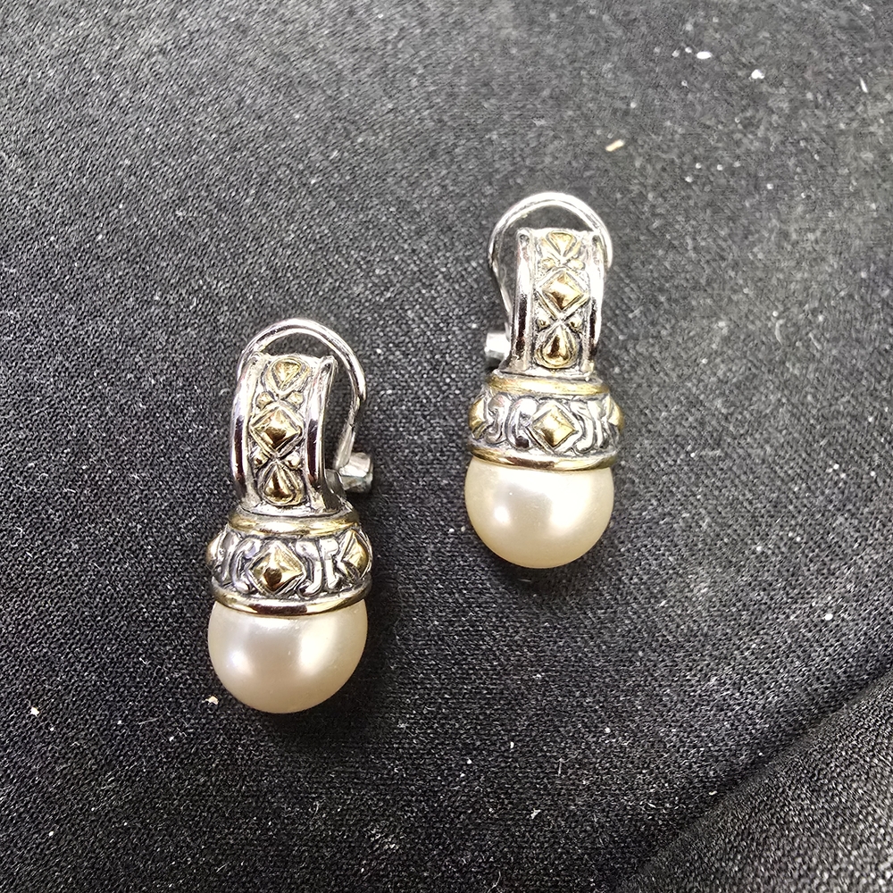 Intricate Silver and Gold Pearl Earrings - Picture 2 of 5